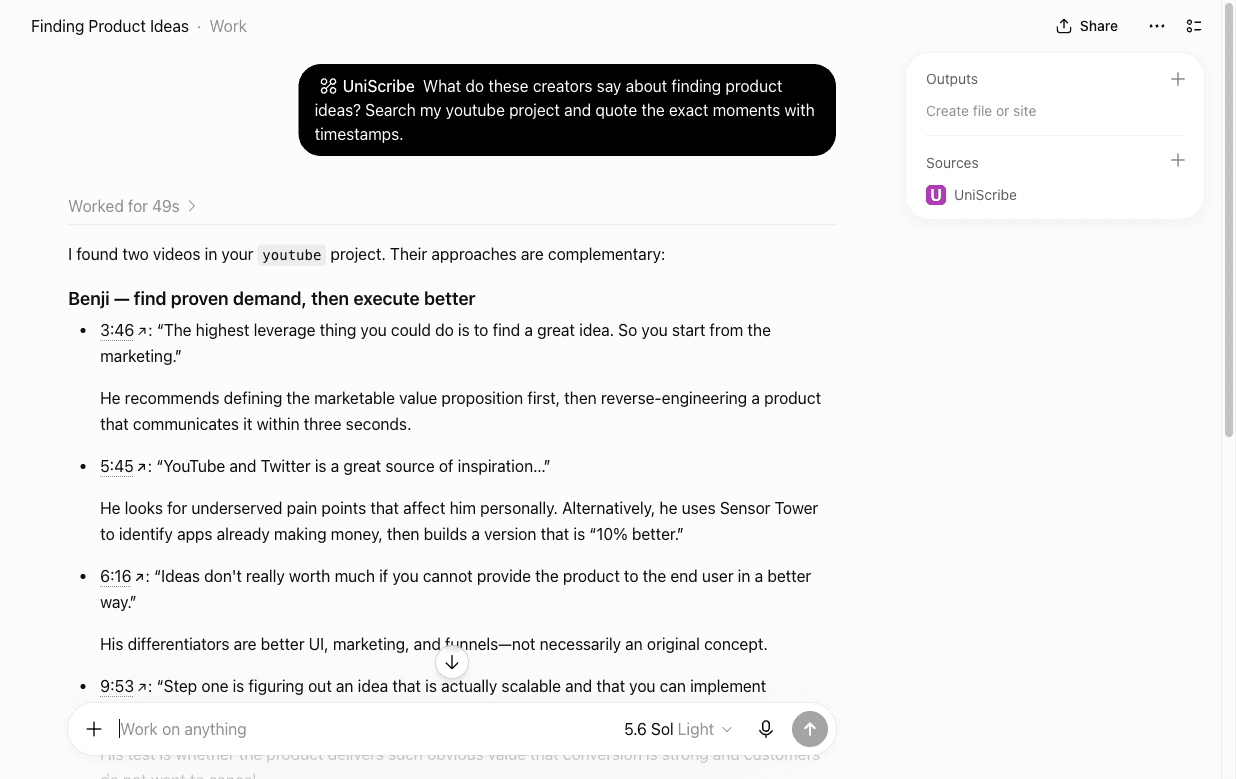 ChatGPT answering a question about the user's UniScribe transcripts, quoting exact moments with clickable timestamps and citing UniScribe as the source