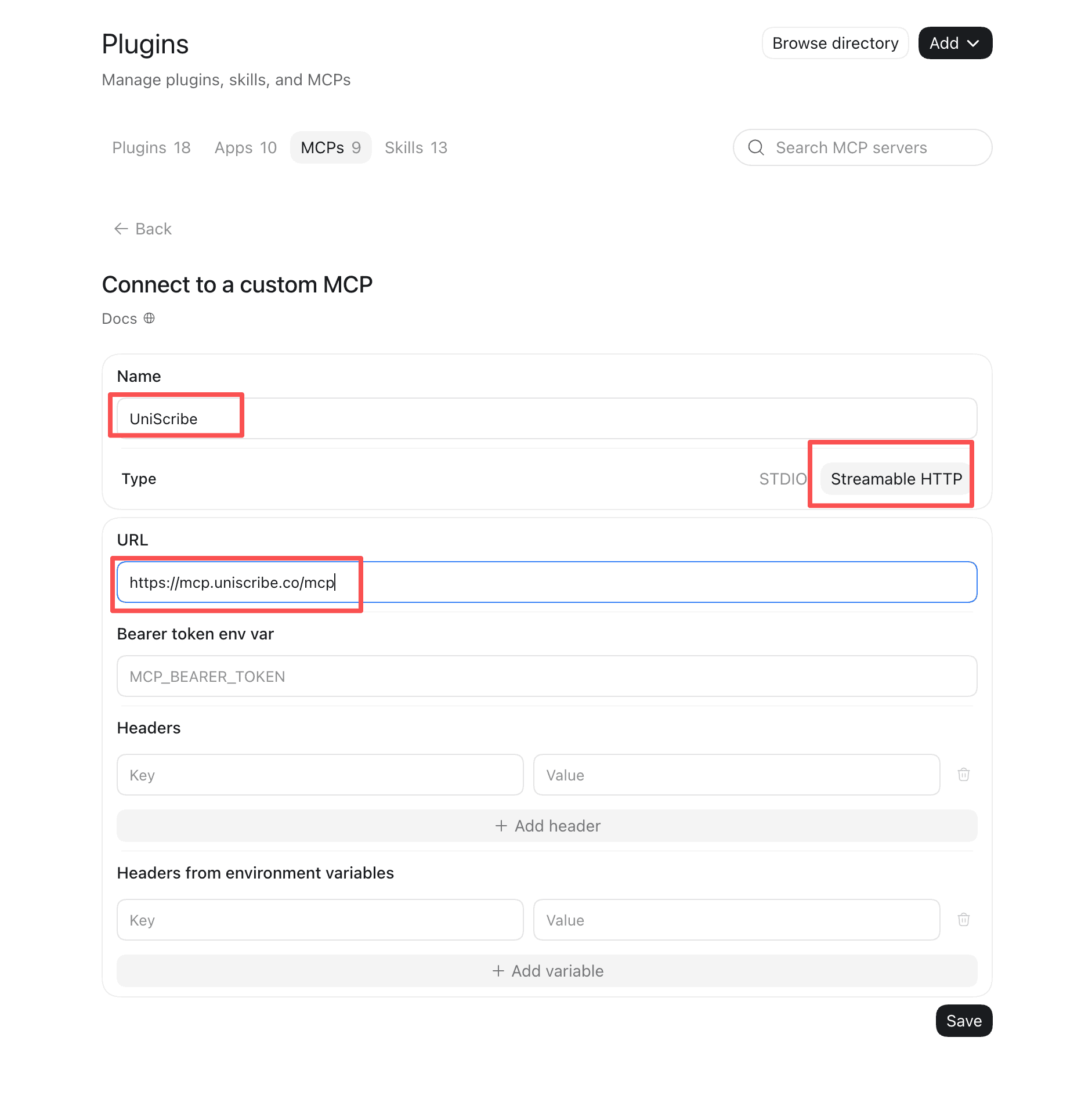 The ChatGPT desktop app's Connect to a custom MCP form with the name UniScribe, type Streamable HTTP, and the server URL filled in
