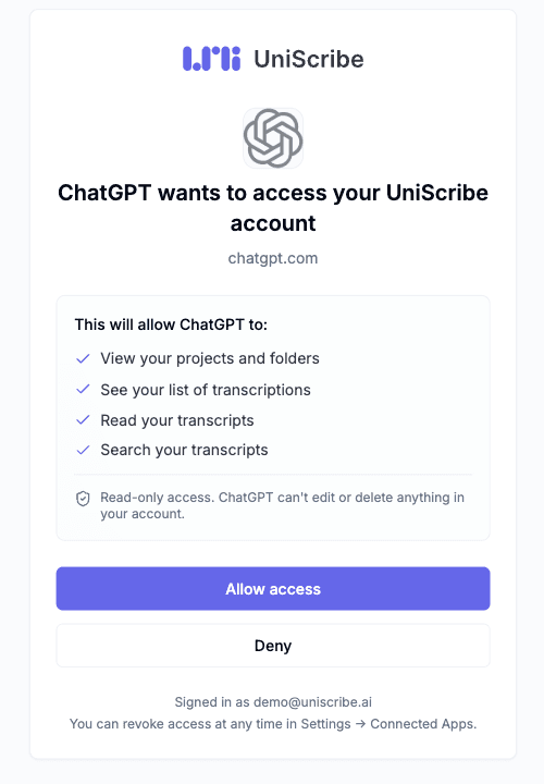 UniScribe consent screen showing the permissions ChatGPT is requesting