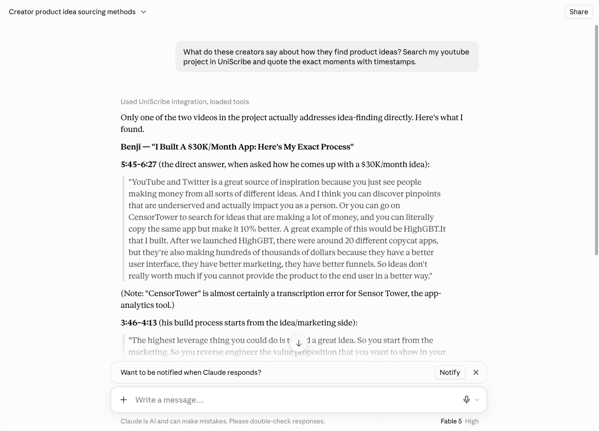 Claude answering a question about the user's UniScribe transcripts, quoting exact moments with timestamp ranges
