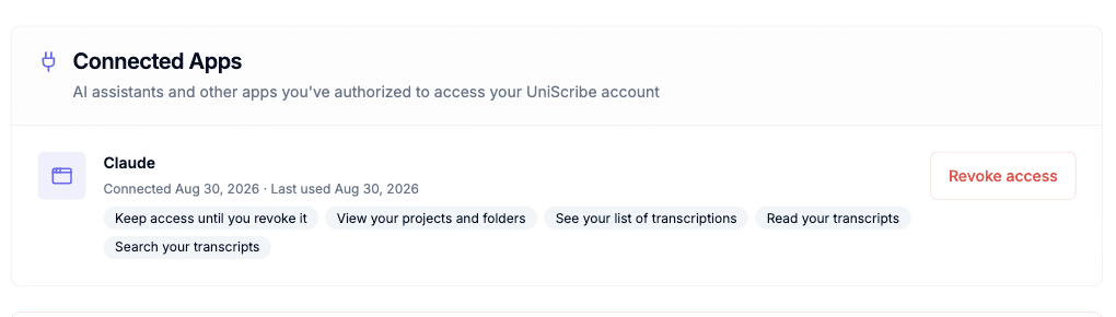 UniScribe Connected Apps settings listing the Claude connection with its granted permissions and a Revoke access button
