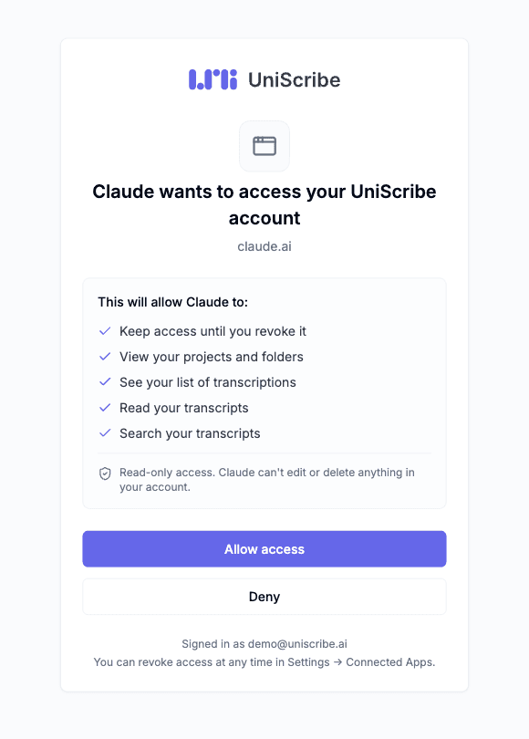 UniScribe consent screen showing the permissions Claude is requesting